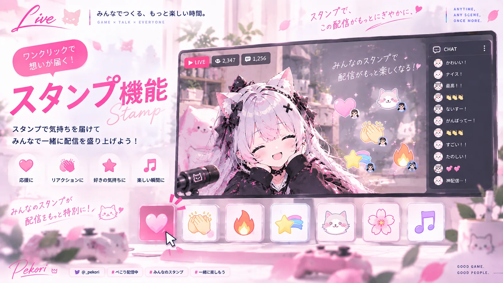 Twitch配信上でスタンプを送って楽しむ画面イメージ